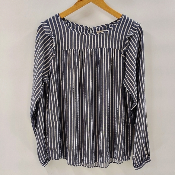 LOFT Blue White Metallic Stripe Size Medium Chambray Pullover Top - Picture 1 of 7